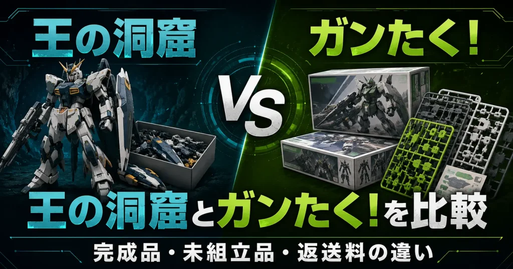 王の洞窟とガンたく！のガンプラ買取を完成品・未組立品・返送料で比較したイメージ
